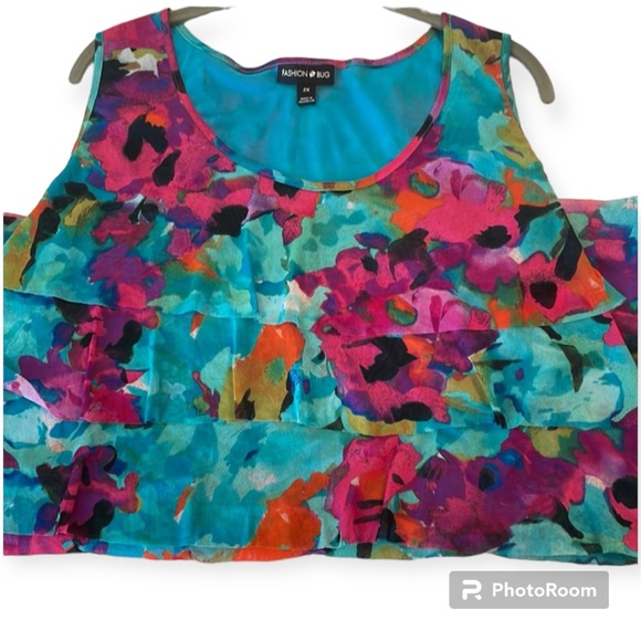 Fashion Bug tank top size 2X teal printed front with ruffled layers - Picture 4 of 8